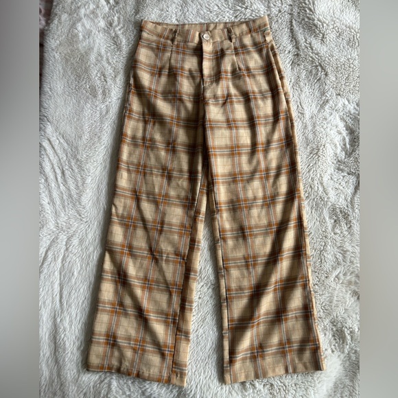 Cider - Plaid Tan and Orange High Rise Kick Flare Pants - Picture 2 of 7